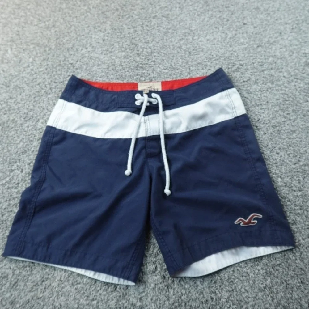 Hollister Shorts Mens XL Blue White Striped Board Swim Trunks Drawstring Surf